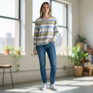 Joules Harbour‎ Top Blue Yellow Striped Long Sleeve Cotton Boat Neck Shirt US 6